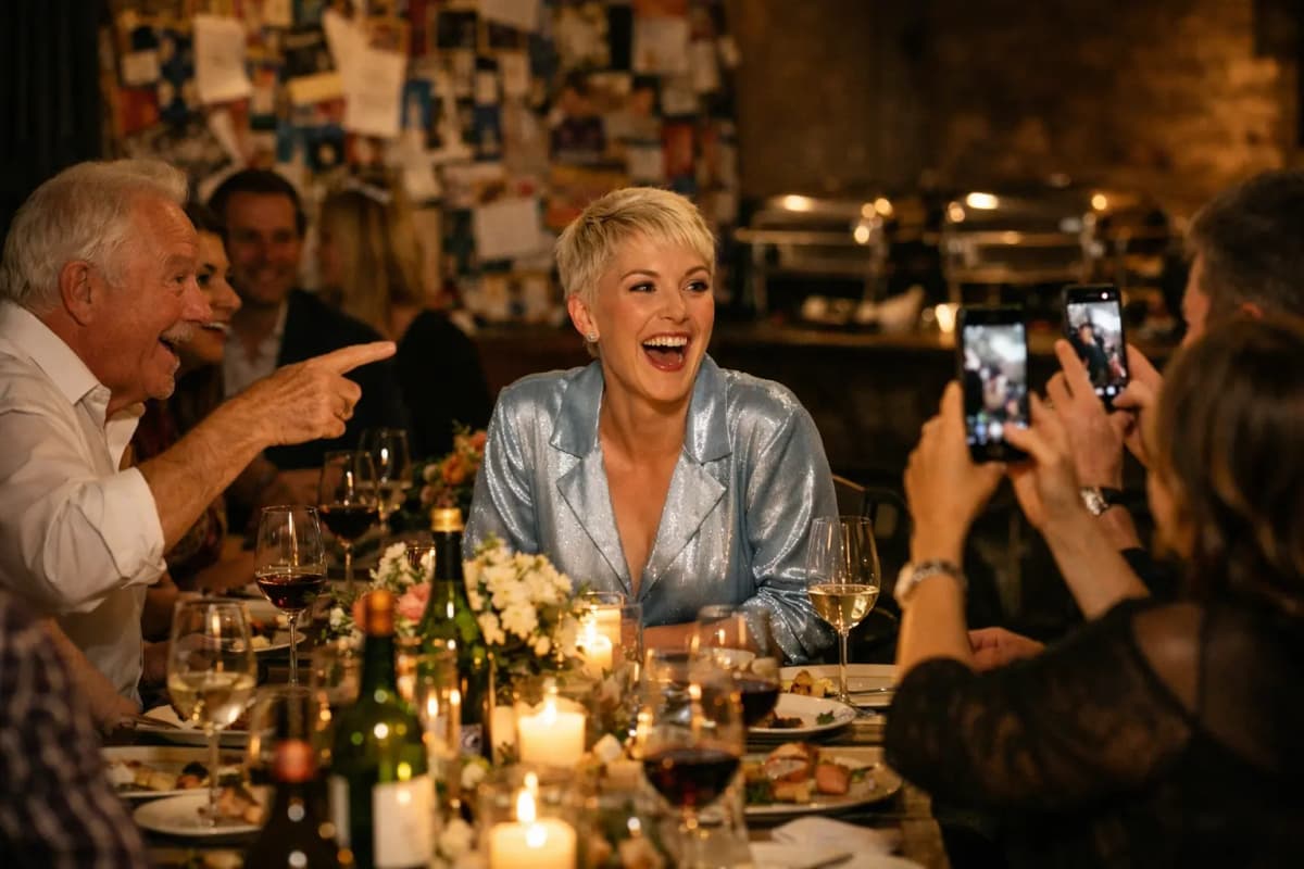 Geburtstagsgesellschaft sitzt an einer festlich gedeckten Tafel in einem Restaurant, während Gäste lachen, filmen und gemeinsam feiern.
